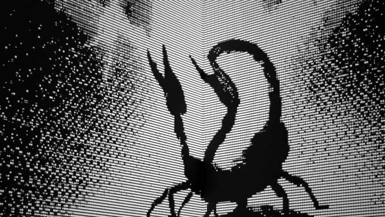 Black and white digital illustration of a scorpion seen in profile, composed of horizontal lines and dots, shown against a geometric, textured background.